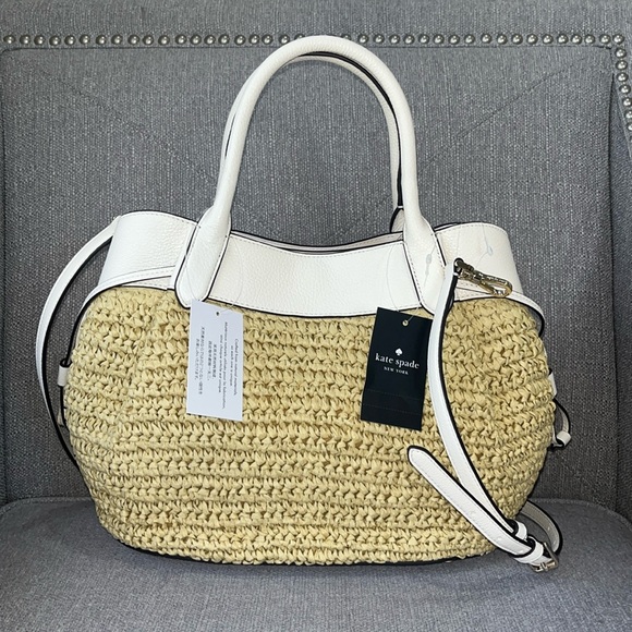 ♠️kate spade Dumpling Straw Large Satchel Bag, Parchment NWT - Picture 10 of 14
